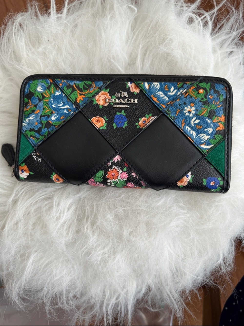 Coach Black Leather Floral Patchwork Wristlet with Blue & Orange Accents